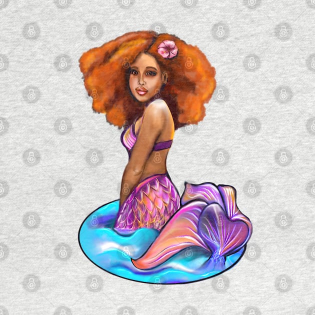 Amber the black mermaid princess rainbow coloured colored fins, afro hair brown skin African American mermaids by Artonmytee